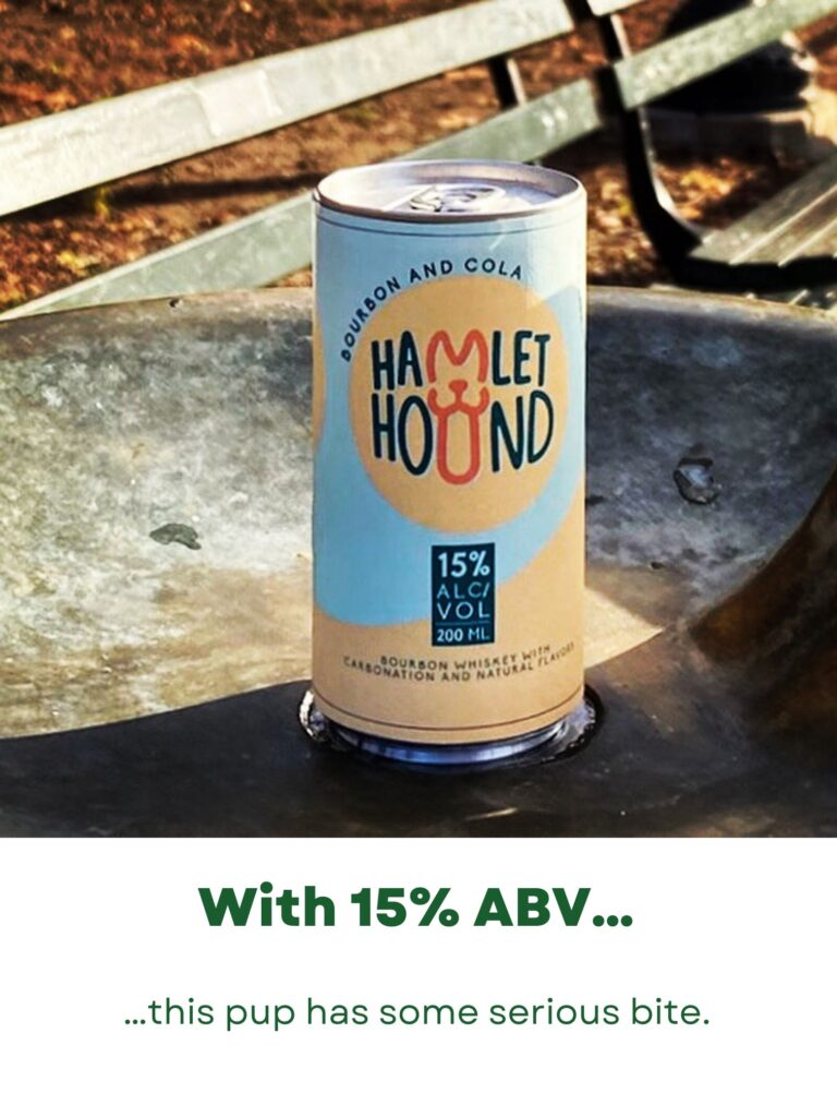 A can of hamlet hound bourbon and cola sitting on a drinking fountain in Central Park. The caption reads: With 15% ABV this pup has some serious bite.